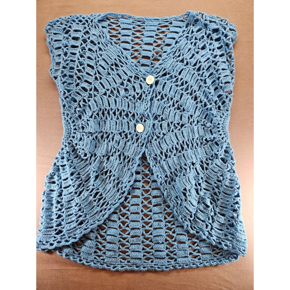 Handmade Crochet Vest Blue Open Knit Sleeveless Cardigan Boho V-Neck Lagenlook